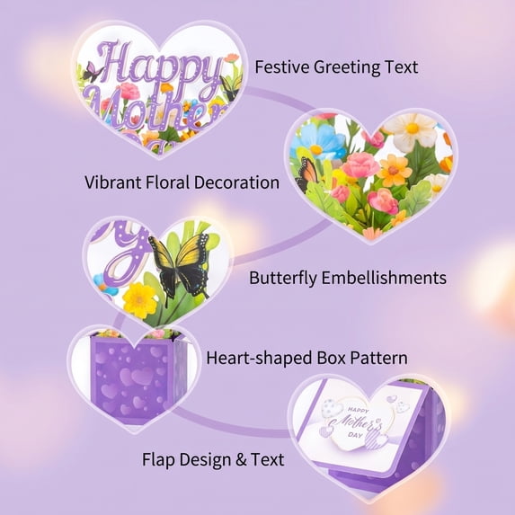 Purple Mother's Day Floral Greeting Cards, 3D Paper Flowers Bouquet Pop up Card, Happy Mothers Day Gift with Envelope, Blank Insert for Best Mom