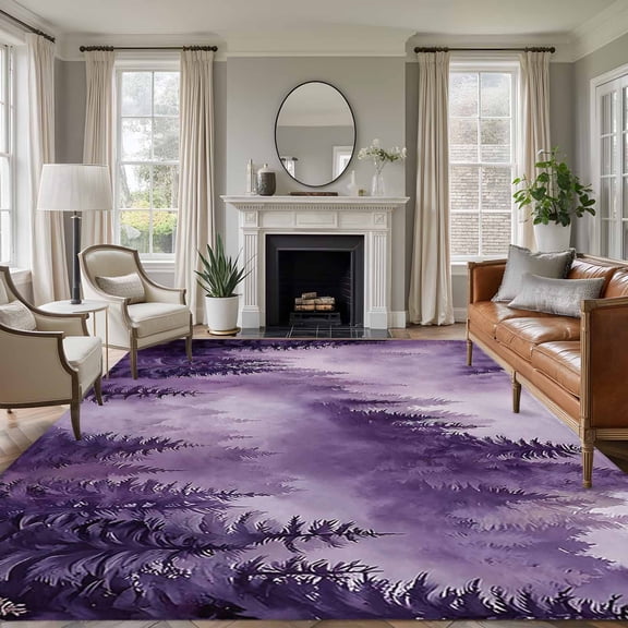 Purple Mountain Area Rugs 5'x8', Small Throw Rugs for Classroom Bedroom, Misty Forest Nature Woodland Pine Tree Landscape Indoor Outdoor Rug Non-Slip Low Pile Carpet Runner Reversible Floor Mats