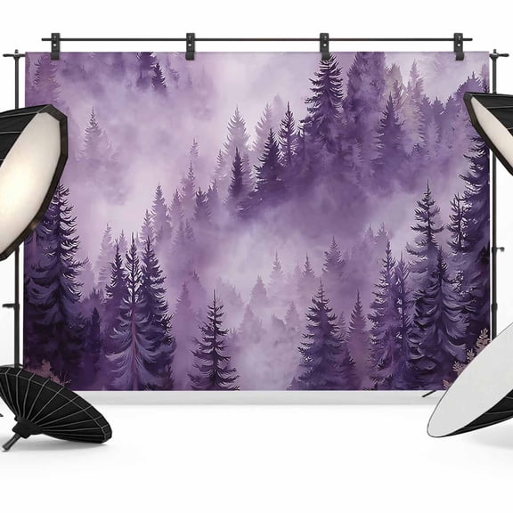 Purple Mountain Backdrop for Photoshoot,Photography Photo Studio Background Wall Backdrop,Misty Forest Nature Woodland Pine Tree Landscape Back Drop Banner Panel for Portraits Wedding Party 12x8Ft