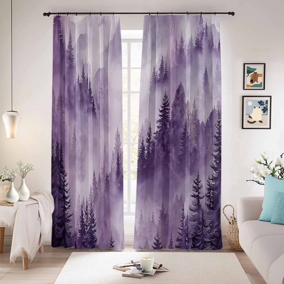 Purple Mountain Blackout Curtains for Bedroom/Living Room, Pinch Pleated Black Out Curtains, Misty Forest Nature Woodland Pine Tree Landscape Room Darkening Window Drapes with Hooks 2 Panels, 59"x70"