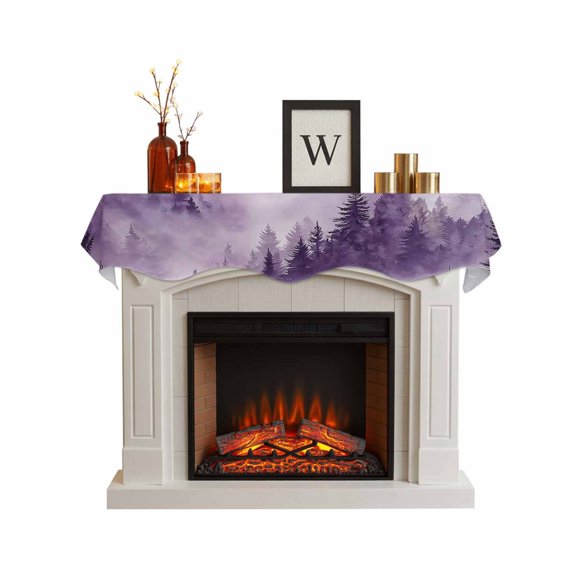 Purple Mountain Fireplace Mantel Scarf, Misty Forest Nature Woodland Pine Tree Landscape Mantel Cover Table Runner, Fireplace Top Dresser Scarves for Party Holiday Living Room Decoration 60x17 Inch
