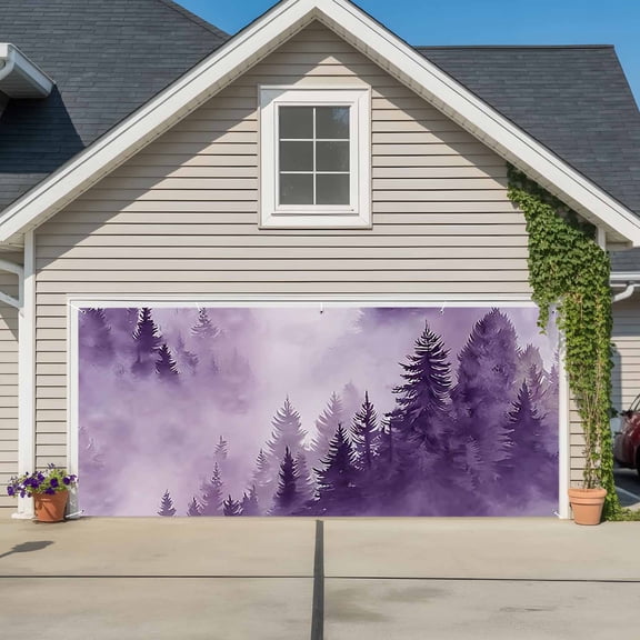 Purple Mountain Garage Door Cover Banner 6 x 13 FT,Misty Forest Nature Woodland Pine Tree Landscape Garage Door Curtains Backdrop with Grommets for Indoor Outdoor Wall Party Porch Yard Decor