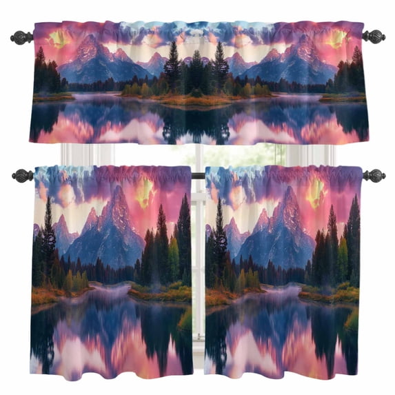 Purple Mountain Kitchen Curtains Sets for Windows 36 Inch Length, Modern Art Forest Rod Pocket Window Treatments Tier Curtains and Valances Set for Bedroom/Bathroom