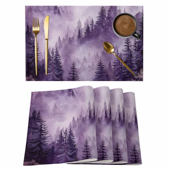 Purple Mountain Placemats Set of 4, Misty Forest Nature Woodland Pine Tree Landscape Placemats for Dining Table, Place Mats for Kitchen Tabletop, Waterproof Wipeable Dining Table Mats Set