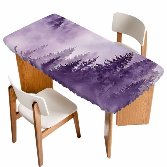 Purple Mountain Table Cloths for 3 Foot Rectangle Tables, Misty Forest Nature Woodland Pine Tree Landscape Patio Waterproof Elastic Fitted Tablecloths, Washable Rectangular Table Cover for Camping
