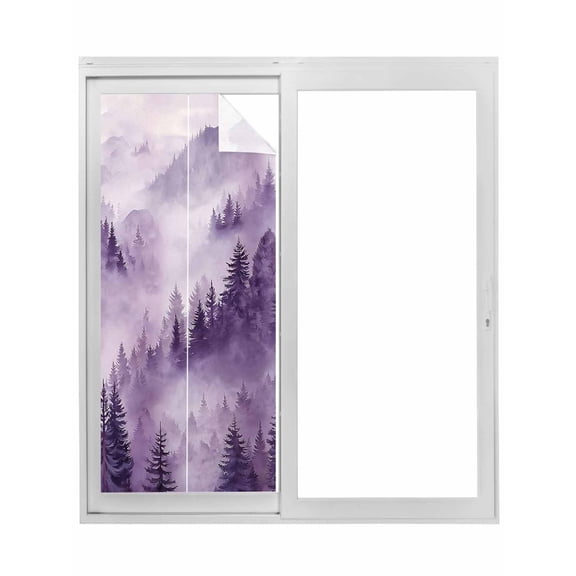 Purple Mountain Window Privacy Film, Misty Forest Nature Woodland Pine Tree Landscape Static Cling UV Sun Blocking Tint Film Heat Control Windows Films for Bedroom Window Stickers 17.7"x39.3"