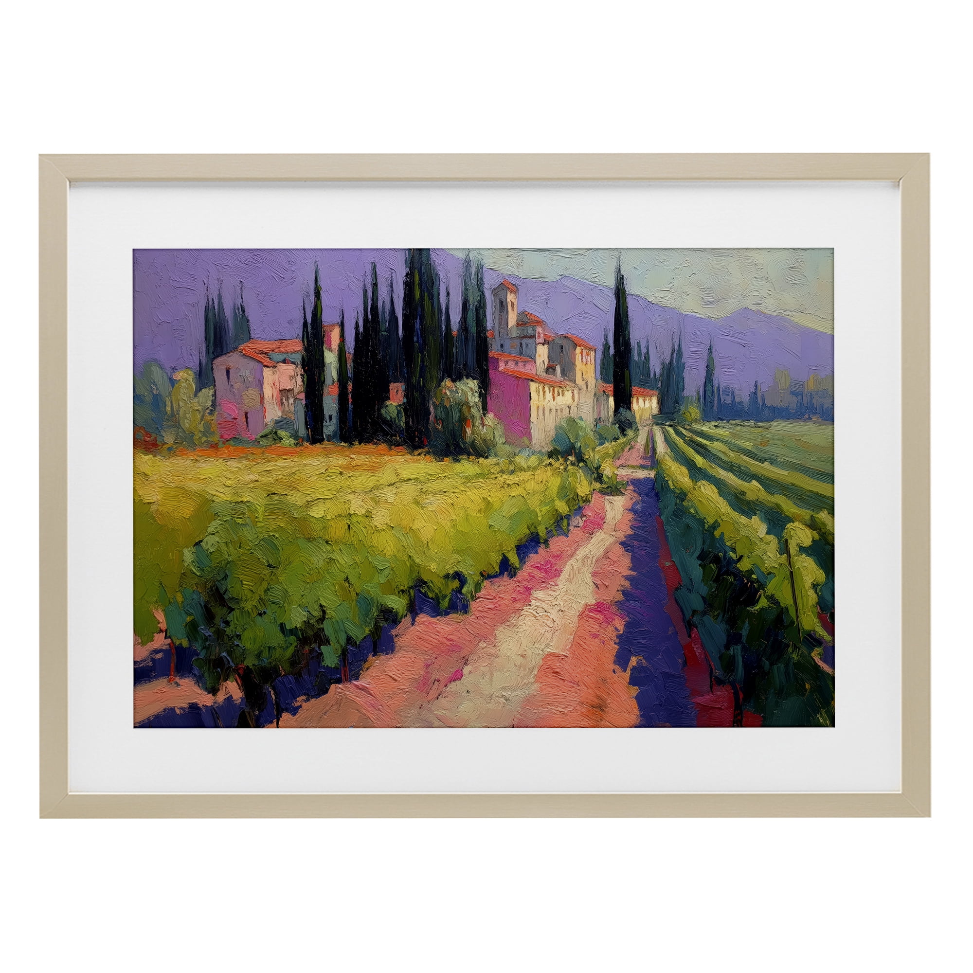 Purple Mountains Village Birch Framed Print Under Glass, design by Annabelle Hall
