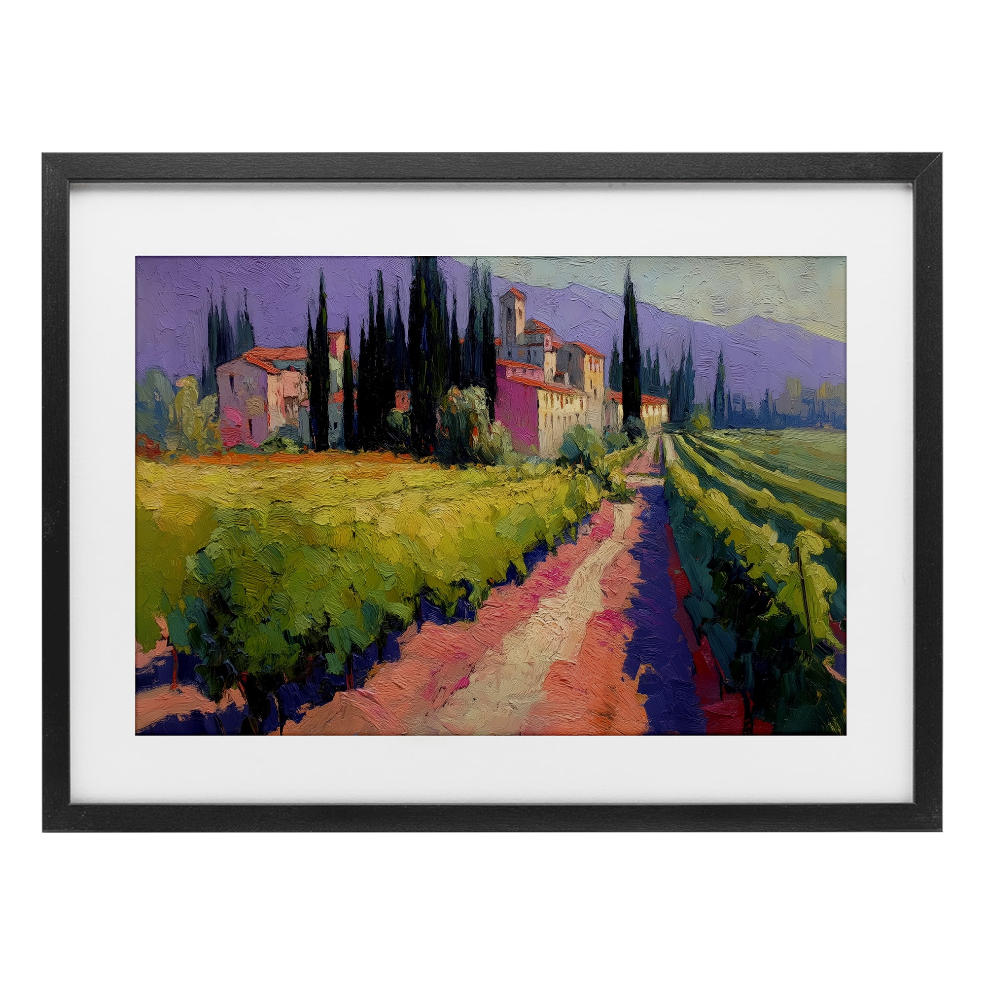Purple Mountains Village Black Framed Print Under Glass, design by Annabelle Hall