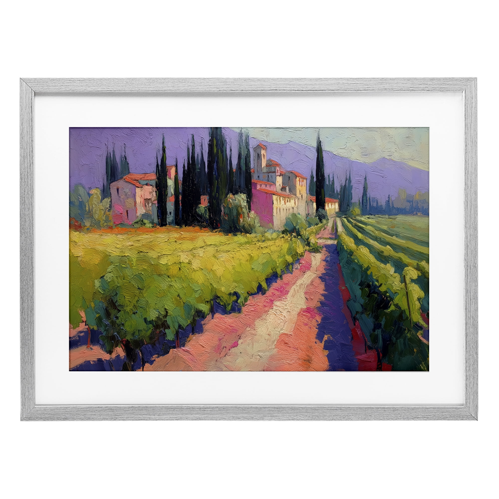 Purple Mountains Village Gray Framed Print Under Glass, design by Annabelle Hall