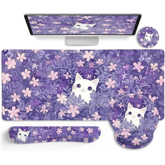Purple Mouse Pad Large Desk Mat Set, Kawaii Cat Computer Mouse Pad with Wrist Rest Keyboard Wrist Support XXL Mousepad Cup Coaster Set, Cute Purple Office Desk Accessories Cat Decor Supplies