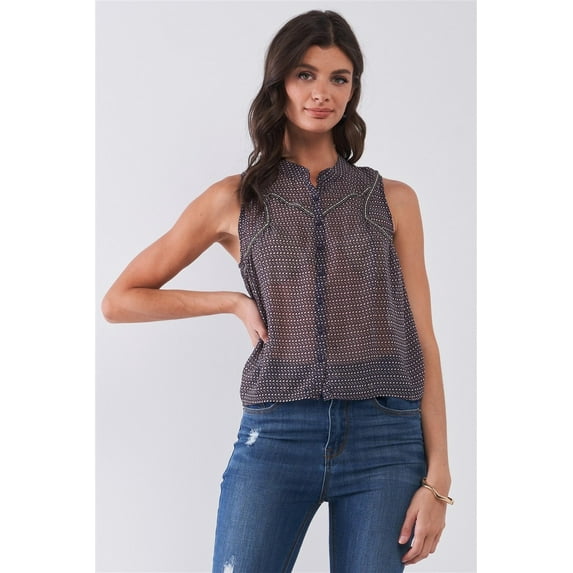 Purple & Multi Sleeveless Mock Neck Front Button Down Sheer Blouse Top