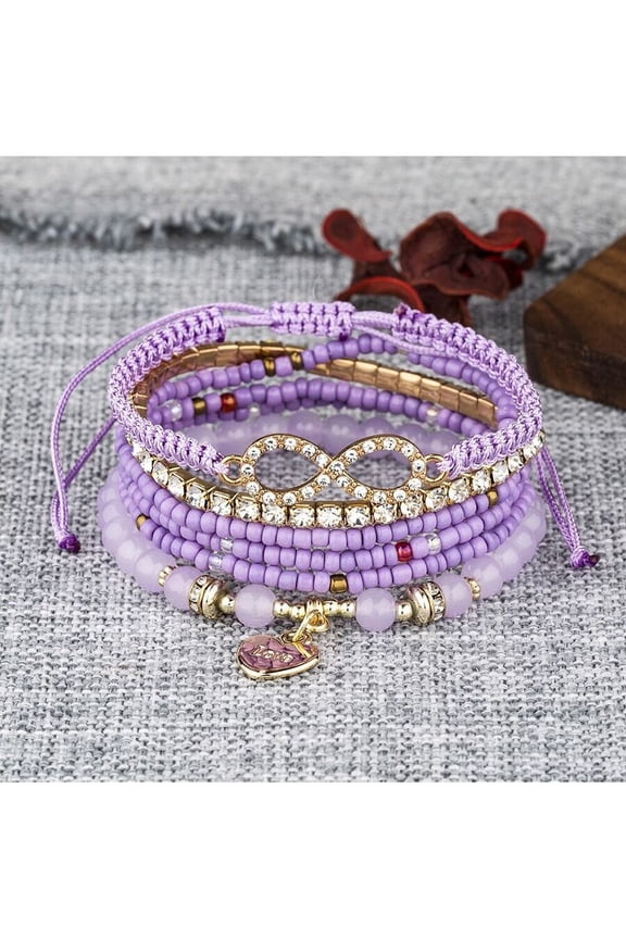 Purple Multi-Strand Beaded Wrap Bracelet Set With Rhinestone Infinity Charm