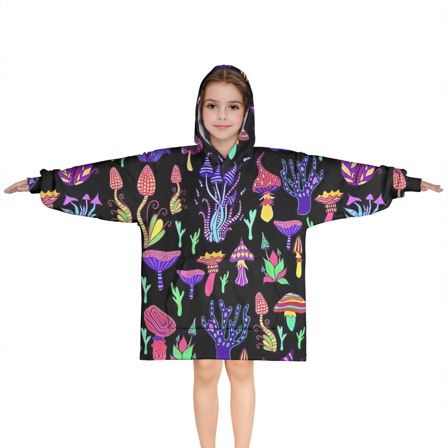 Purple Mushroom Black Pattern Blanket Hoodies for Kids 6-13YR Oversize Wearable Blanket Hoodies for Boys Girls Teens
