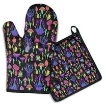 Purple Mushroom Black Pattern Kitchen Oven Mitt and Pot Holder Sets 2 Pcs for Baking, Cooking and Grilling, Heat Resistant Up To 392 °F