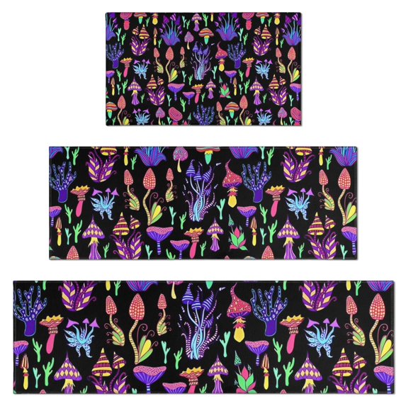 Purple Mushroom Black Pattern Kitchen Rugs Sets Of 3,Kitchen Runner Rugs Non Skid Washable,Decorative Kitchen Floor Mats for Kitchen,Sink,Laundry,17"x30"+ 17"x47" + 17"x59"