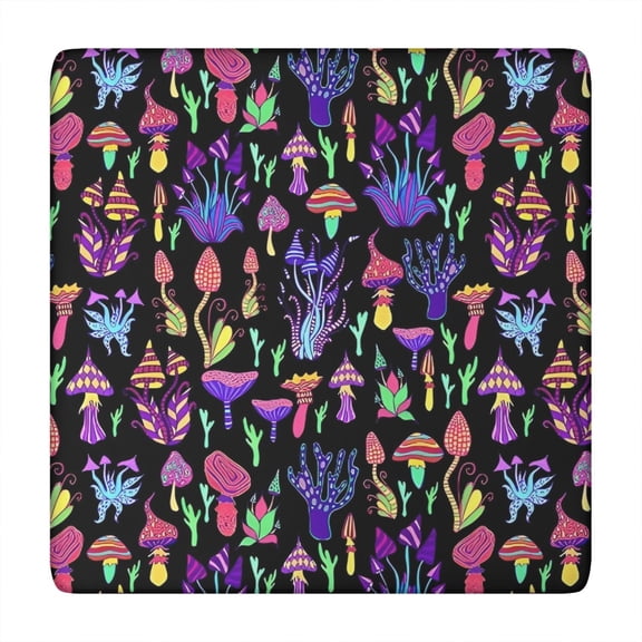 Purple Mushroom Black Pattern Square Fitted Tablecloth with Elastic Edge,Square Table Cover,Washable Elastic Table Cover for Home Kitchen Party Decor 34"x34"