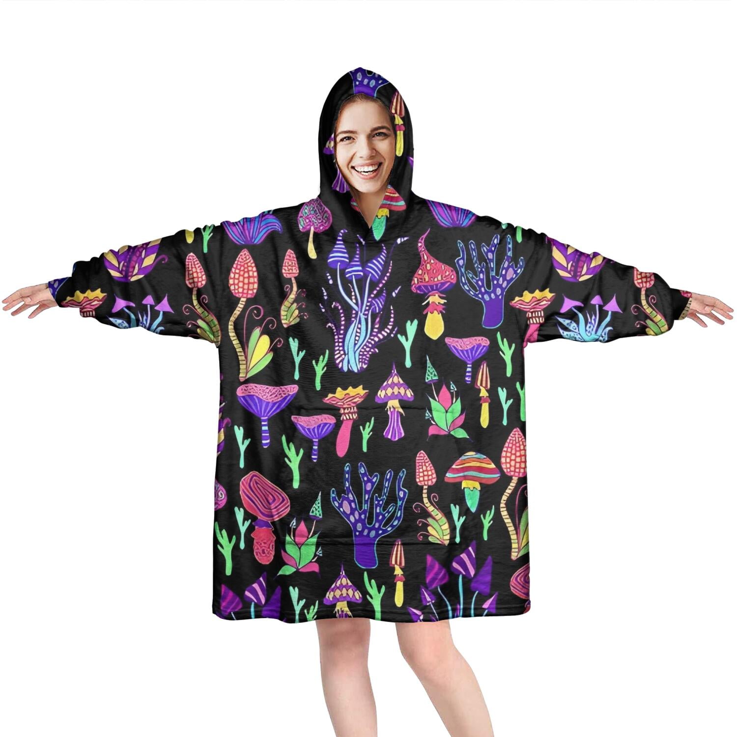 Purple Mushroom Black Pattern Wearable Oversized Blanket,Wearable Blanket Hoodie for Adults,Cozy Hooded Blankets with Super Pockets,Super Warm Fuzzy Pullover for Women & Men