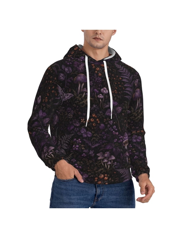 Purple Mushroom Floral Men’s hooded sweatshirt long-sleeved pull-over ideal for travel and everyday wear