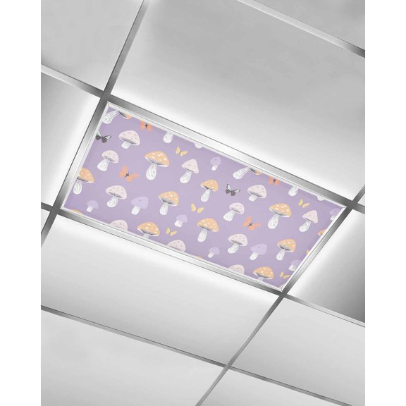 Purple Mushroom Fluorescent Light Covers for Ceiling Lights 4x2 feet,1 Pack Magnetic Light Filters for Classroom,Botanical Butterfly Spring Fluorescent Light Shade Panel for Office School Drop Home