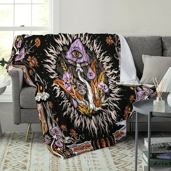 Purple Mushroom Hippie Psychedelic Fleece Blanket Soft Cozy Flannel Throw with Eye-Catching Print & Mushroom Design Perfect for Home Travel Camping