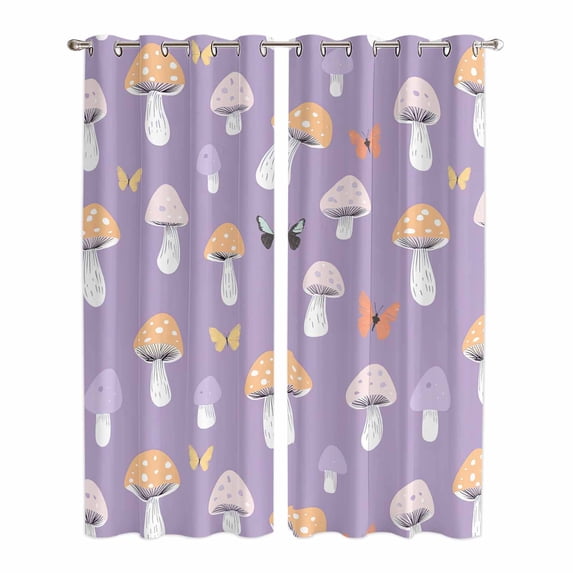 Purple Mushroom Kitchen Curtains 84 Inch Length, Botanical Butterfly Spring Grommet Top Bedroom Living Room Curtains, Light Filtering Cafe Curtain Drapes 2 Panels Set 84''x84''