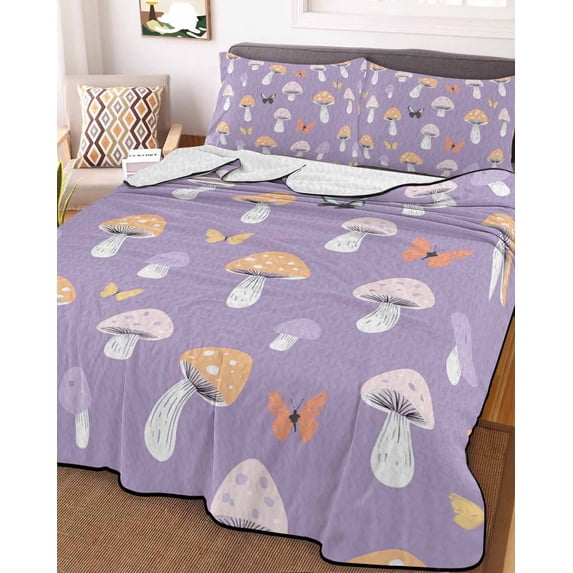 Purple Mushroom Queen Size Down Alternative Comforter, Lightweight Comforter Quilt Bedding Set with Pillow Shams Botanical Butterfly Spring All Seasons Bed Comforter Duvet Insert 90"x96"