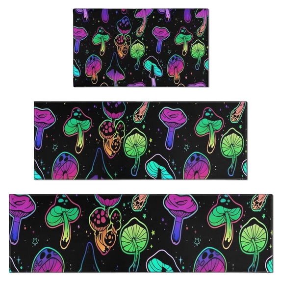 Purple Mushroom Star Black Pattern Kitchen Rugs Sets Of 3,Kitchen Runner Rugs Non Skid Washable,Decorative Kitchen Floor Mats for Kitchen,Sink,Laundry,17"x30"+ 17"x47" + 17"x59"