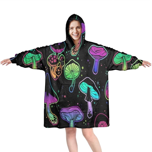 Purple Mushroom Star Black Pattern Wearable Oversized Blanket,Wearable Blanket Hoodie for Adults,Cozy Hooded Blankets with Super Pockets,Super Warm Fuzzy Pullover for Women & Men
