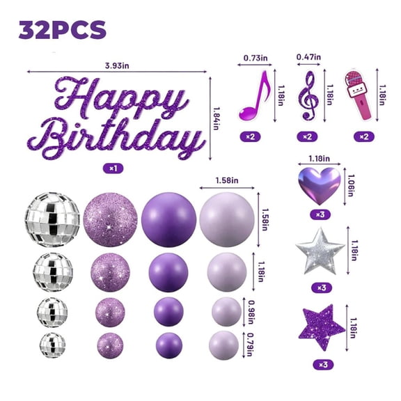 Purple Music Cake Toppers 32 Pieces  Disco Ball Musical Note Happy Birthday Decorations for Party, Mic & Star