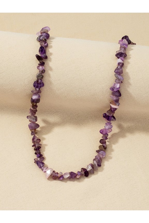Purple Natural Amethyst Chip Beaded Necklace For Adults