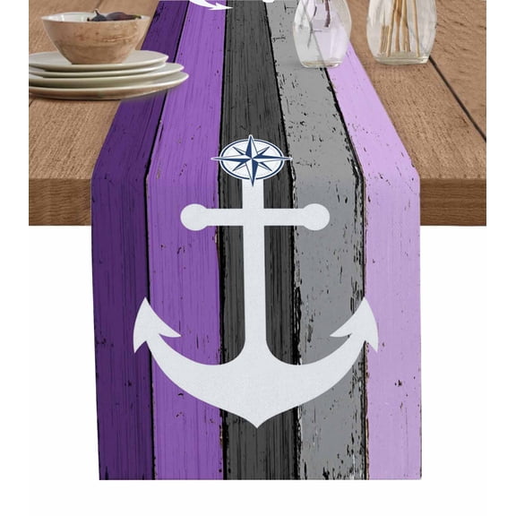 Purple Nautical Anchor Short Table Runners 36 Inches, Cotton Linen Fabric Table Runner Dresser Scarf, Rustic Distressed Wood Grain Tablerunner for Party/Kitchen/Dinner/Wedding Decor 13''x36''