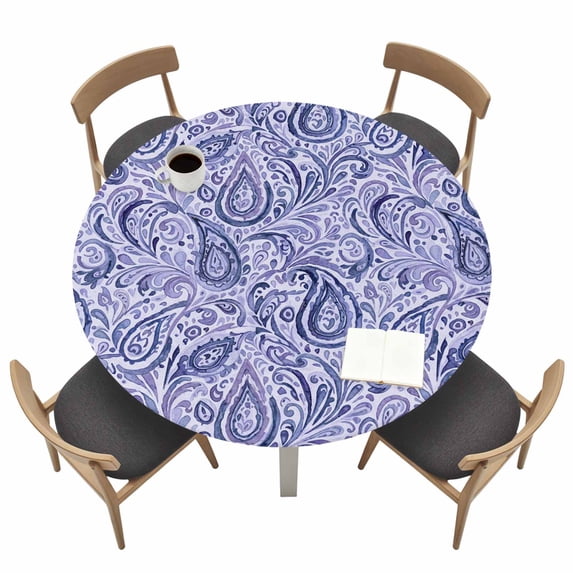 Purple Navy Blue Fitted Tablecloth with Elastic Edged, Round Table Cloth for Dining Table, Retro Botanical Abstract Art Waterproof Oil Proof Table Cover for Indoor Outdoor 55"-60"