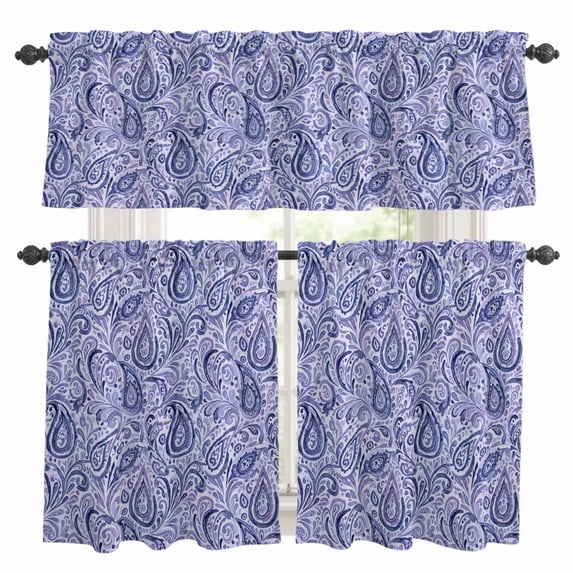 Purple Navy Blue Kitchen Curtains Sets for Windows 36 Inch Length, Retro Botanical Abstract Art Rod Pocket Window Treatments Tier Curtains and Valances Set for Bedroom/Bathroom