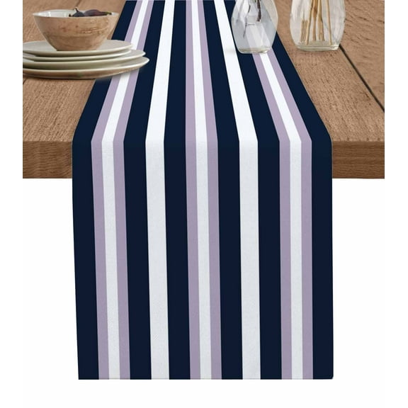 Purple Navy Blue Striped Burlap Cotton Table Runner 13x108 Inches Long, Abstract Gradient Lines Art Farmhouse Table Runners, Outdoor Dining Tablecloths Decor for Baby Shower/Party/Wedding