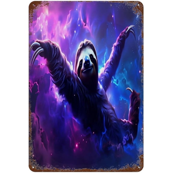 Purple Nebula Sloth Metal Wall Sign, Vintage Tin Wall Art for Garage, Bar, Man Cave and Home, Retro Metal Sign 8 x 12 Inch