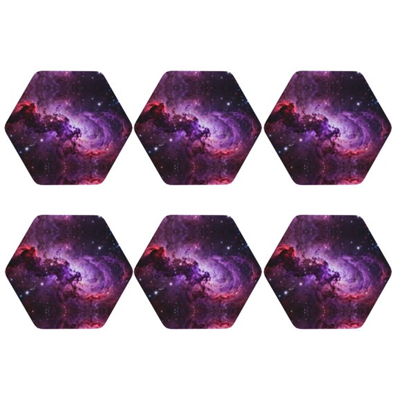 Purple Nebula Space Galaxy Leather Coasters for Drinks Perfect for Living Room, Kitchen, or Outdoor Use Set of 6 Hexagon
