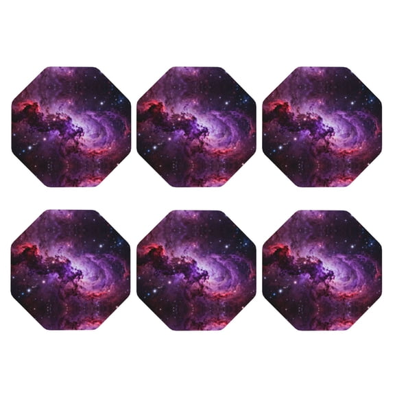 Purple Nebula Space Galaxy Leather Coasters for Drinks Perfect for Living Room, Kitchen, or Outdoor Use Set of 6 Octagon