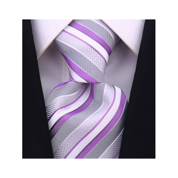 Purple Necktie - Purple Gray Jacquard Woven Striped Tie - Grey and Purple Ties