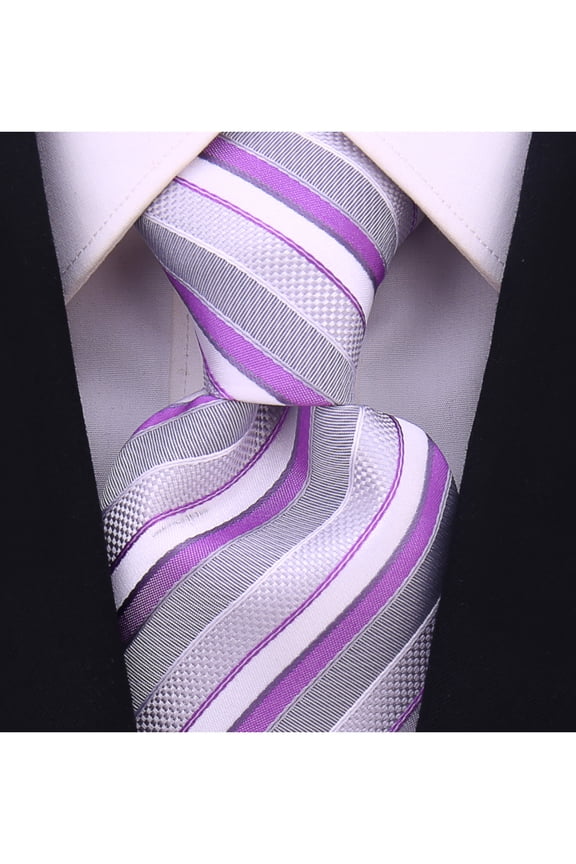 Purple Necktie - Purple Gray Jacquard Woven Striped Tie - Grey and Purple Ties
