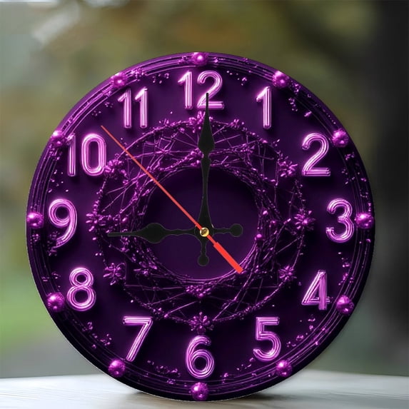 Purple Neon Clock Wall Decor 10-Inch Silent Wooden Wall Clock, Battery Operated (AA Batteries Not Included), Artistic Home Decor