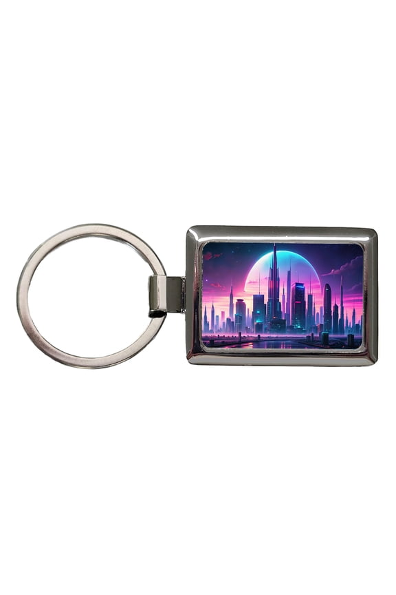 Purple Neon Sci-fi City Horizon Metal Rectangle Keychain