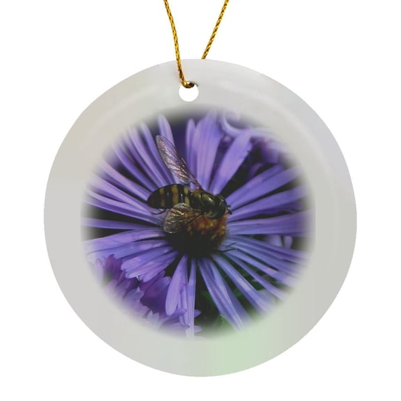 3drose, Purple New England Aster with Bee, Circle Porcelain Ornament