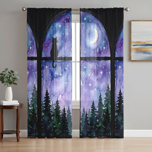 Purple Night Sky Semi Sheer Curtains 63 Inch Length 2 Panels Set, Nature Forest Trees Star Moon Cat Sheer Kitchen Curtain Privacy Voile Window Curtain for Living Room Bedroom Rod Pocket Drapes