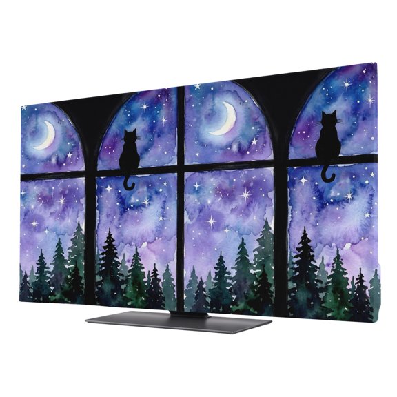 Purple Night Sky TV Cover for 24 Inch Screen, Stretch Fabric Dustproof TV Display Protector, Nature Forest Trees Star Moon Cat Elastic Slipcover Monitor Cover for Indoor Desktop Computer 20.9"x11.8"