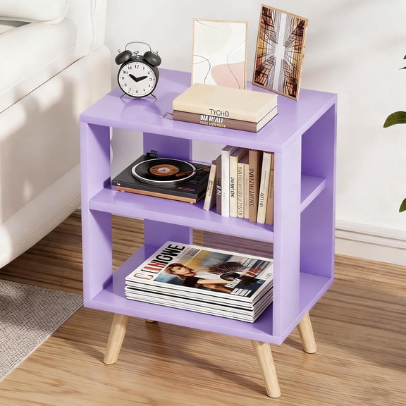 Purple Nightstand, Modern 2-Tier Wooden Night Stand with Open Storage Shelf, Contemporary Bedside Table End Table for Bedroom, Living Room, Small Spaces