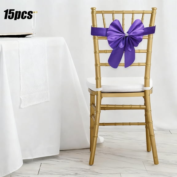Purple No-Tie Bow Chair Covers 15Pcs for Event Decoration, Easy Install Chair Back Bows for Wedding and Party with Glossy Plastic Finish, Banquet Ornaments with Effortless Setup