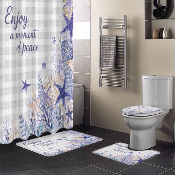 Purple Ocean 4PCS Shower Curtains Set with Toilet Lid Cover Non-Slip Rugs, Enjoy A Moment of Peace Beach Starfish Shell Gray Plaid Waterproof Shower Curtain Set for Bathroom with 9 Hooks 36x72 In