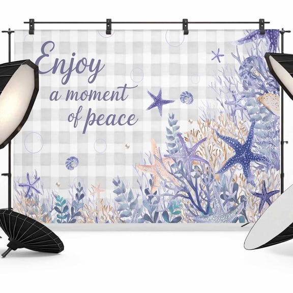 Purple Ocean Backdrop for Photography, Enjoy A Moment of Peace Beach Starfish Shell Gray Plaid Photo Backdrop Portrait Background Party Banner Photo Backgrounds for Studio Booth Props, 10x8ft