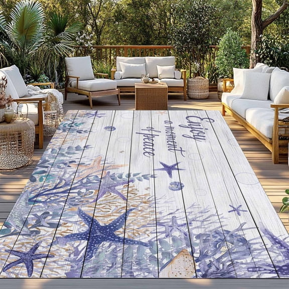 Purple Ocean Indoor Outdoor Rugs 4x6 Ft, Enjoy A Moment of Peace Beach Starfish Shell Wood Grain Outdoor Patio Rugs Mat Washable Outside Area Rugs Carpet for Porch Deck RV Camping Pool Balcony
