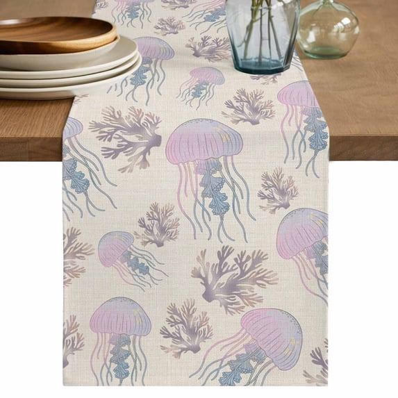Purple Ocean Table Runner 72 Inches, Summer Coastal Sea Jellyfish Corals Beige Bed Runner Dresser Scarves Tabletop for Indoor Outdoor Parties/Ceremony/Banquet, 14" x 72"